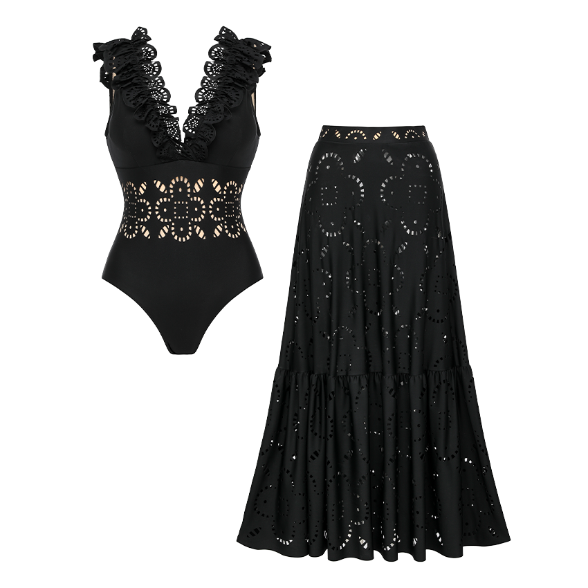 Ruffle Black Laser Cutting Flower Hollow Ruffle Swimsuit Set(s)