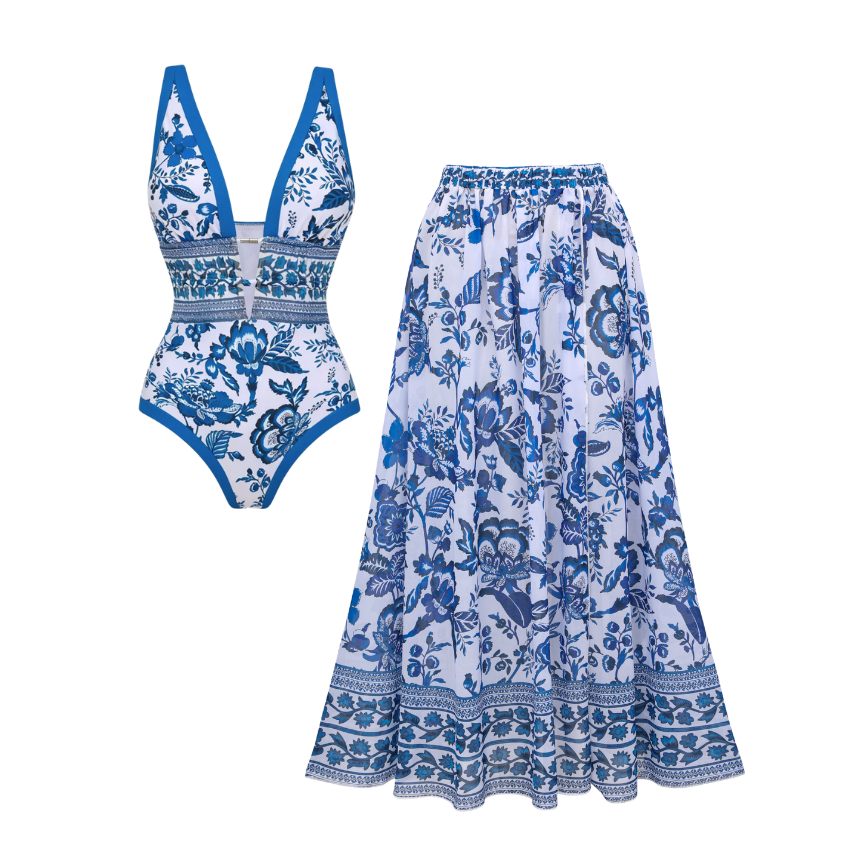 Blue and white Porcelain Print Swimsuit Set(s)