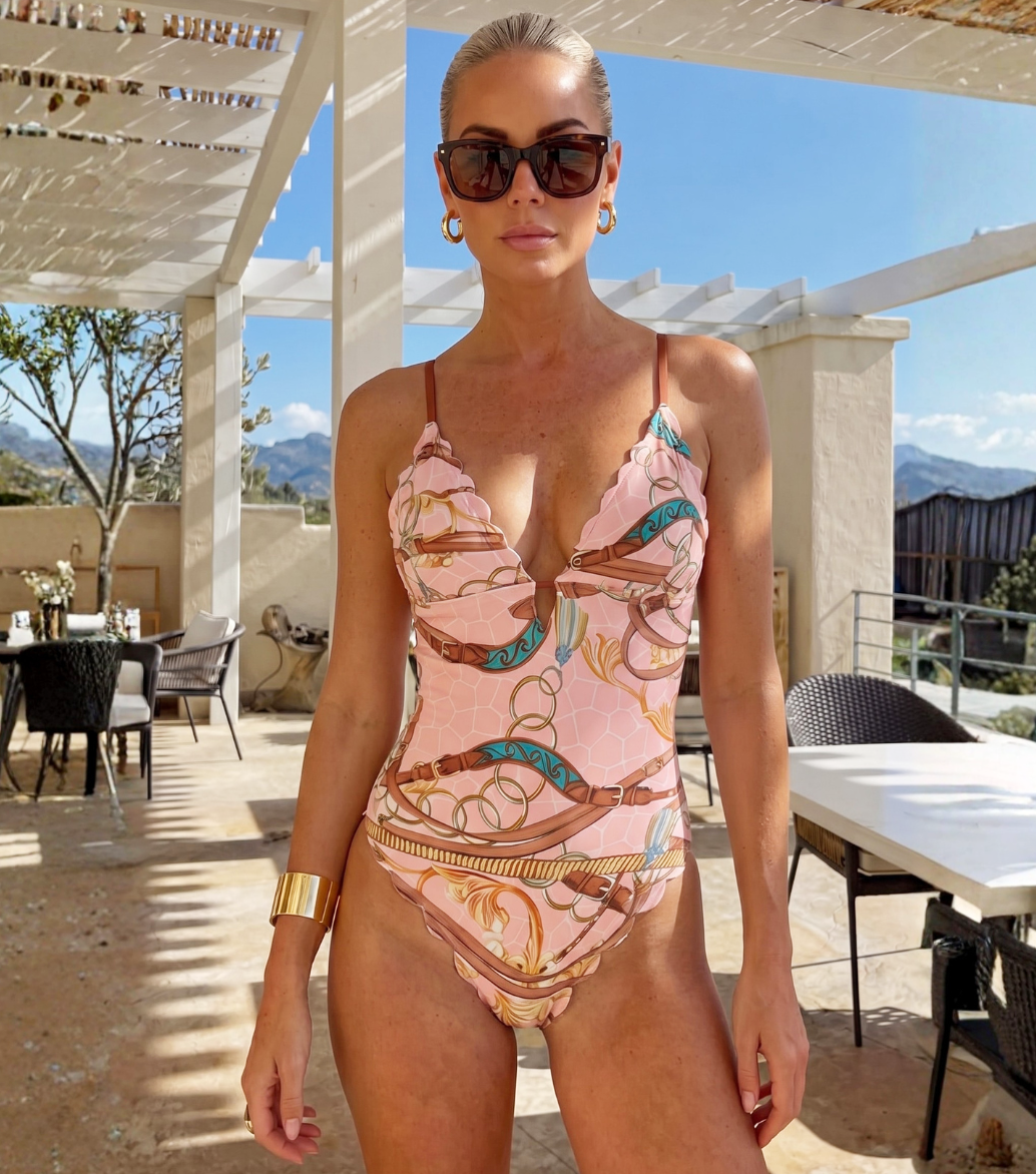 V Neck Lace Printed Swimsuit Set(s)