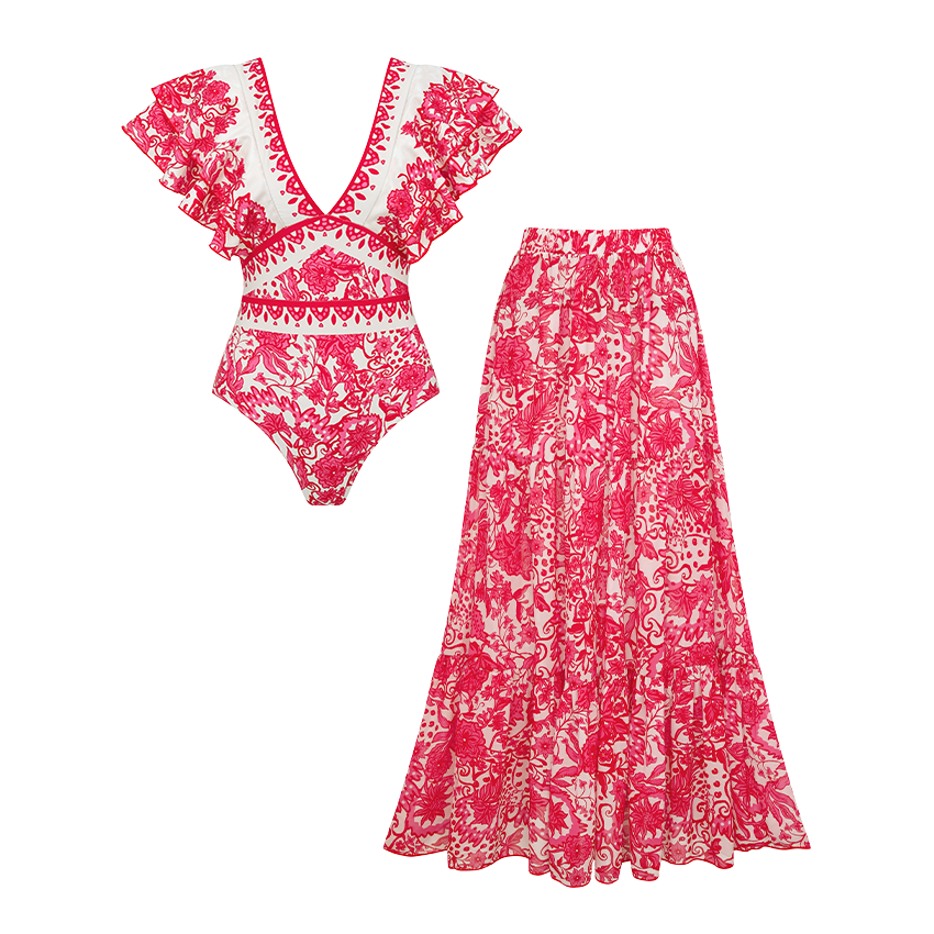 V Neck Ruffle Printed Swimsuit Set(s)