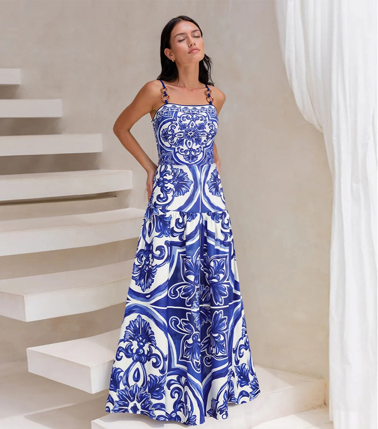 Sling Classic Majolica Series Pattern Print One Piece Swimsuit and Skirt or Shorts