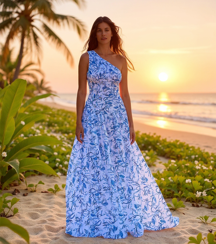 Oblique Shoulder Printed One Piece Swimsuit and Skirt