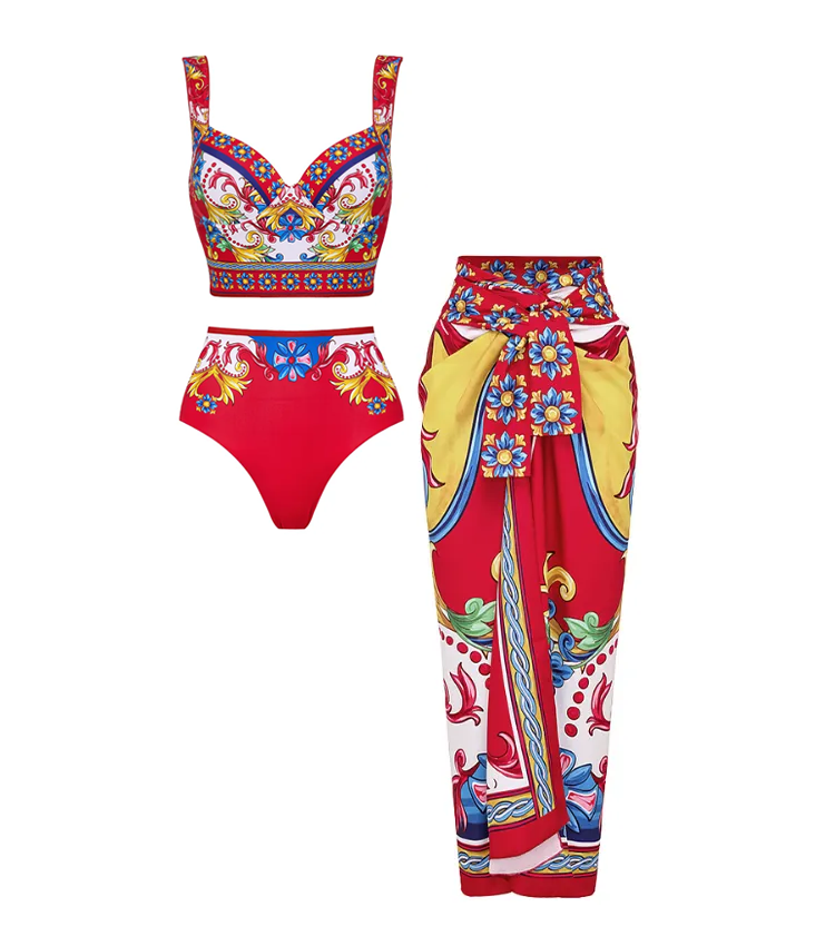 Sling Pattern Print One Piece Swimsuit and Skirt