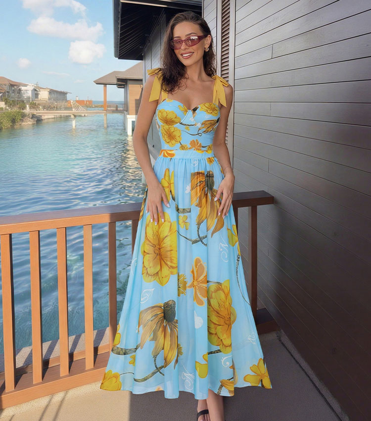 Bandage Bowknot Design Chrysanthemum Print Swimsuit Set(s)