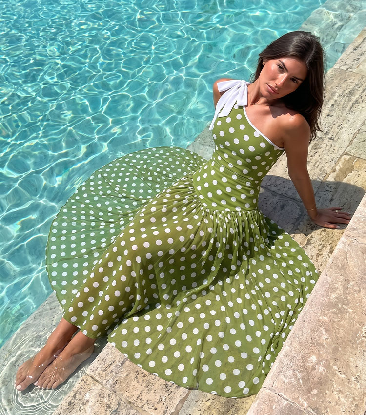 Oblique Shoulder Bowknot Polka Dot Print Swimsuit Set(s)