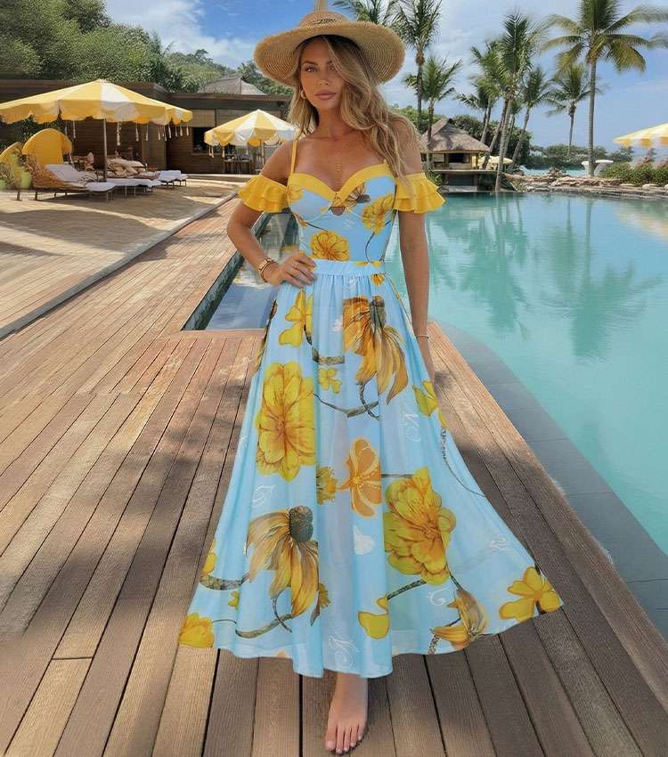 Bandeau Ruffle Chrysanthemum Print Swimsuit Set(s)