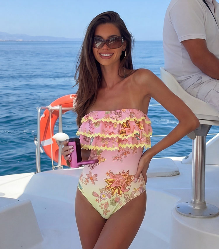 Ruffle Color Block Printed Swimsuit Set(s)