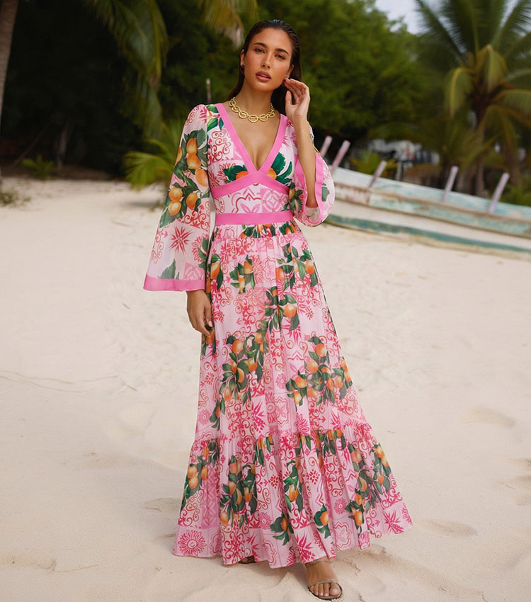 V Neck Long Sleeve Lemon Print Swimsuit Set(s)