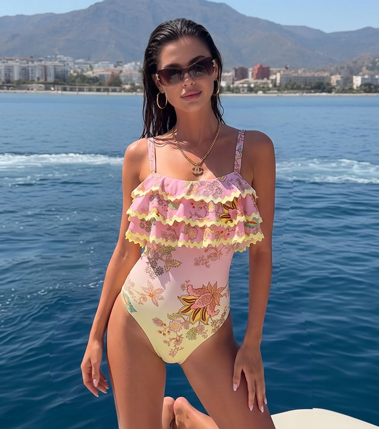 Ruffle Color Block Printed Swimsuit Set(s)