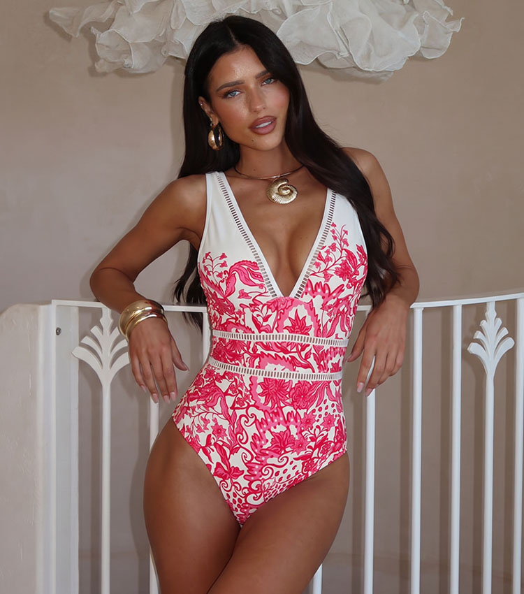V Neck Lace Printed Swimsuit Set(s)