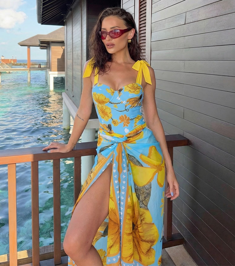 Bandage Bowknot Design Chrysanthemum Print Swimsuit Set(s)