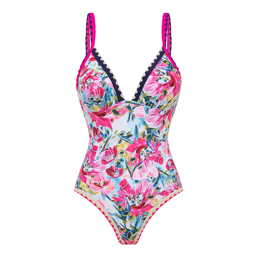 V-neck Pink Iris Print Swimsuit Set(s)