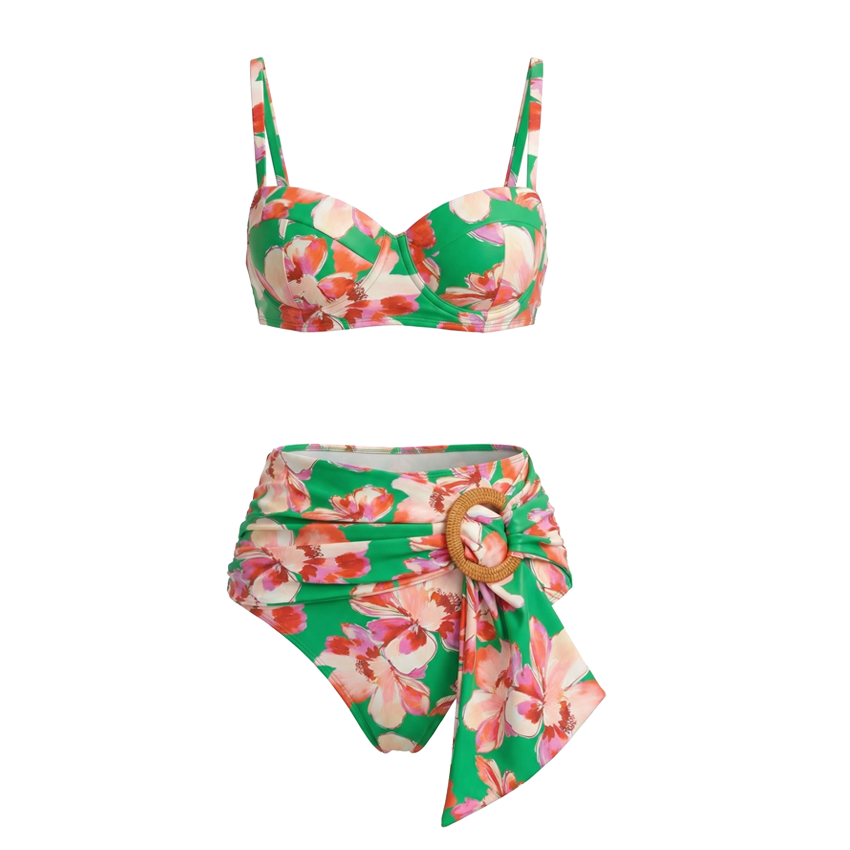 Underwire Green & Red Color Blocking Swimsuit Set(s)