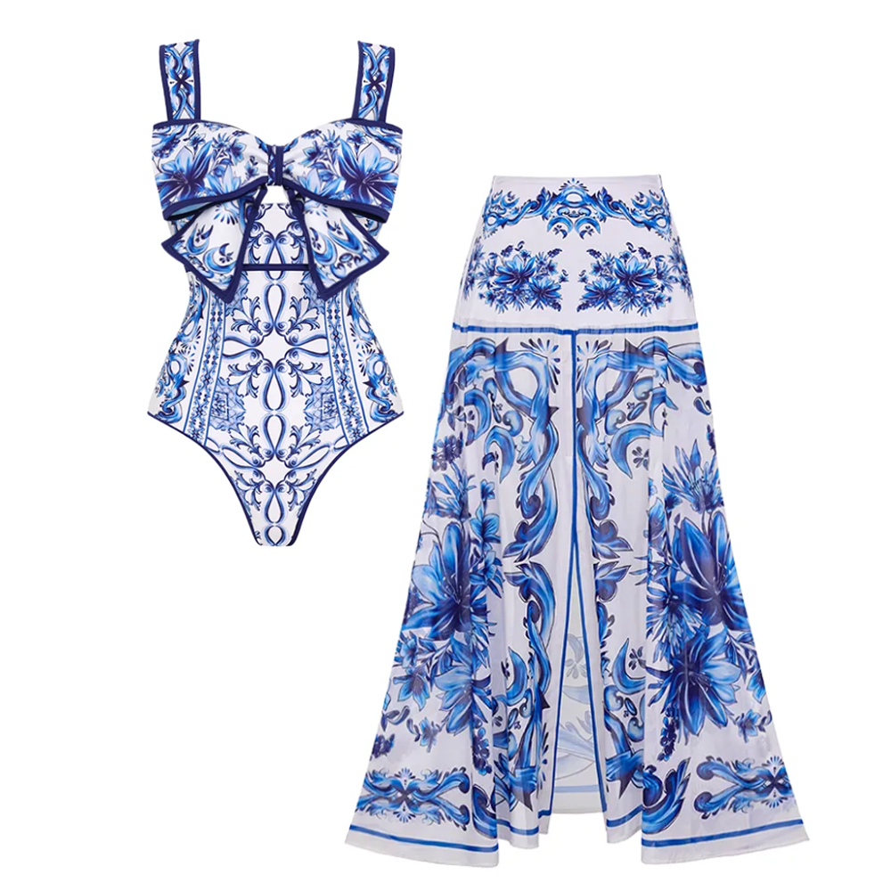 Bow Decor Majolica Print One Piece Swimsuit and Skirt or Pants