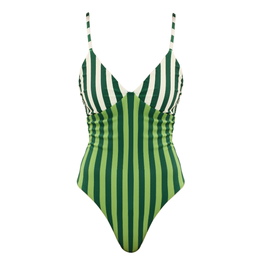 Green and White Striped Print Swimsuit Set(s)