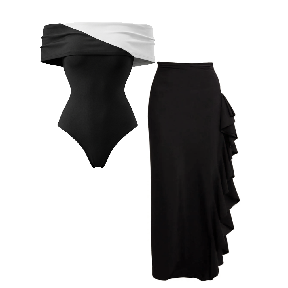 Off Shoulder Color Block One Piece Swimsuit and Skirt