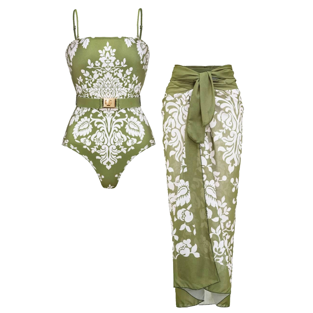 Retro Print Removable Belt Detail Sling One Piece Swimsuit and Sarong Flaxmaker