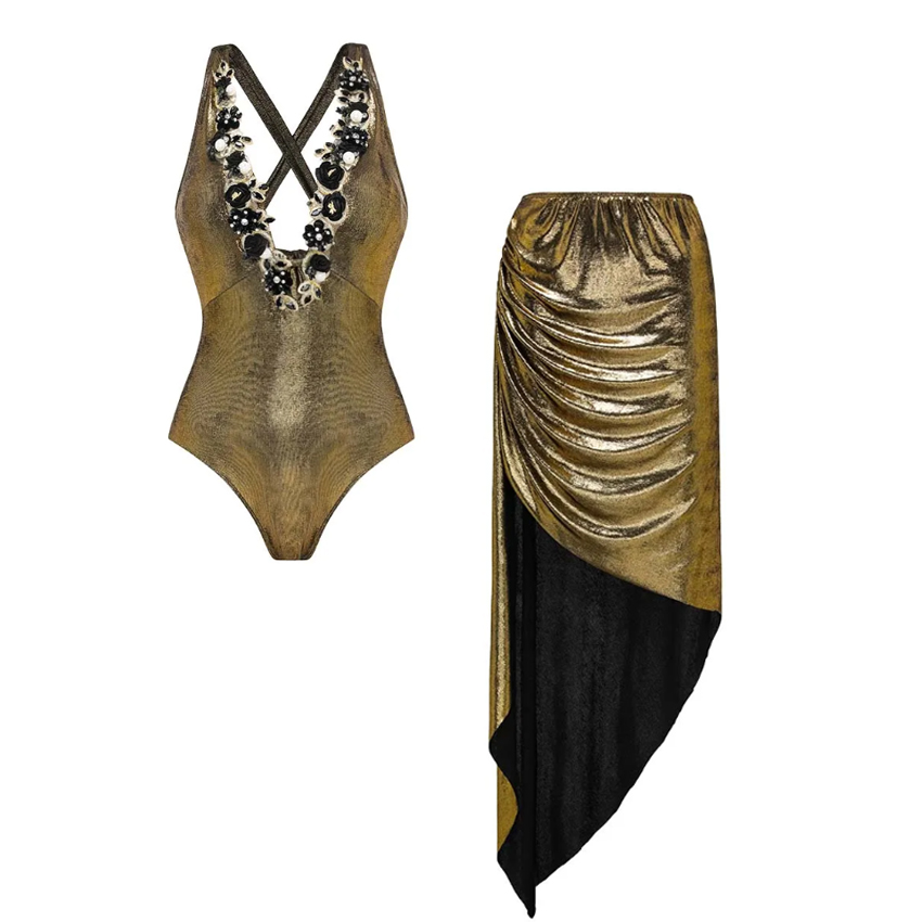 Gold Shiny Beaded Flowers Deep V-neck One Piece Swimsuit and Split Skirt