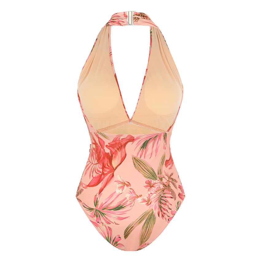 V-neck Pink Lily Print Swimsuit Set(s)