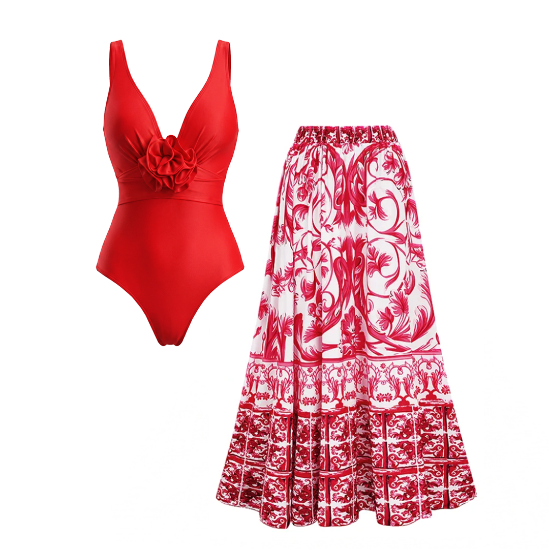 Detachable 3D Flower Red One Piece Swimsuit and Skirt Flaxmaker