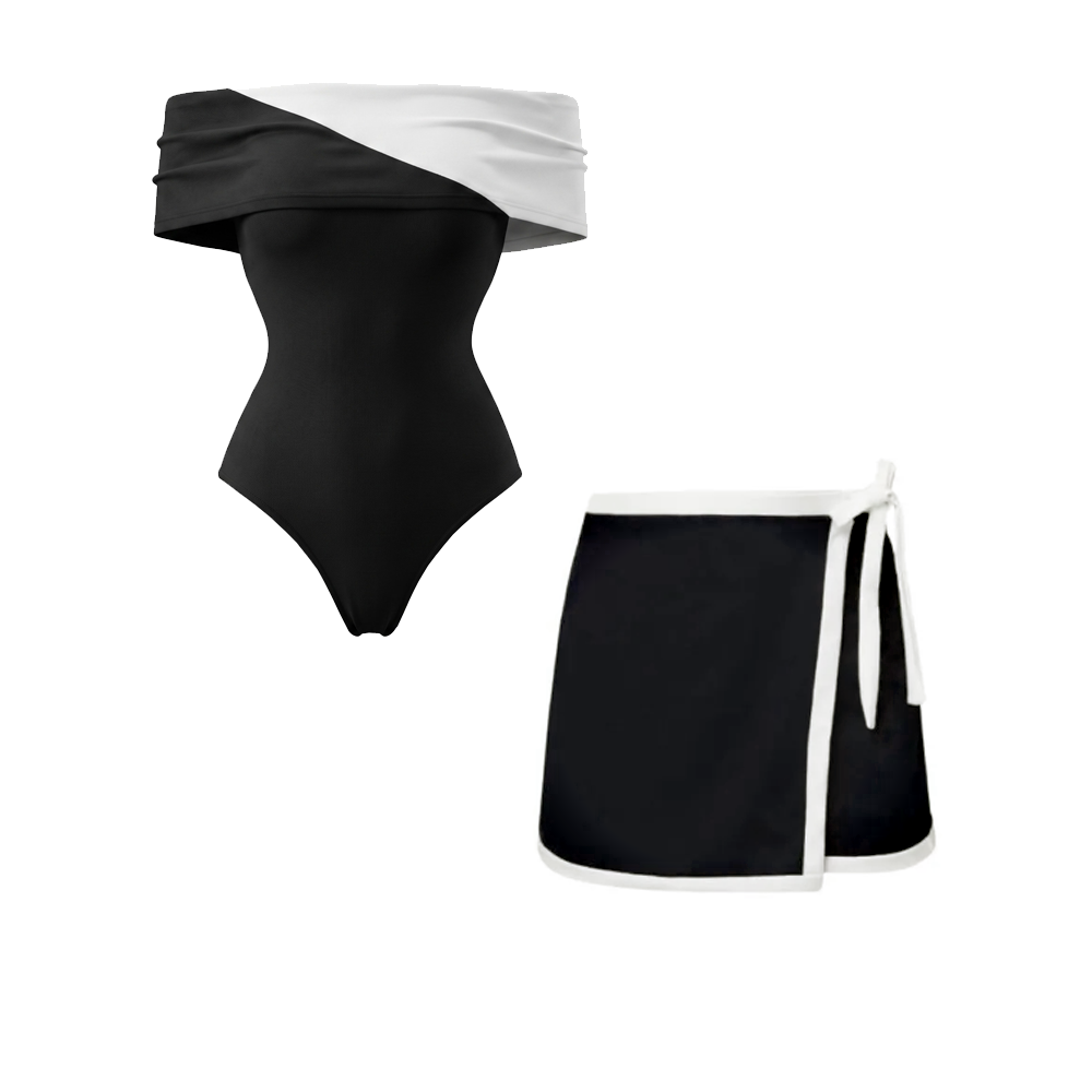Off Shoulder Color Block One Piece Swimsuit and Skirt