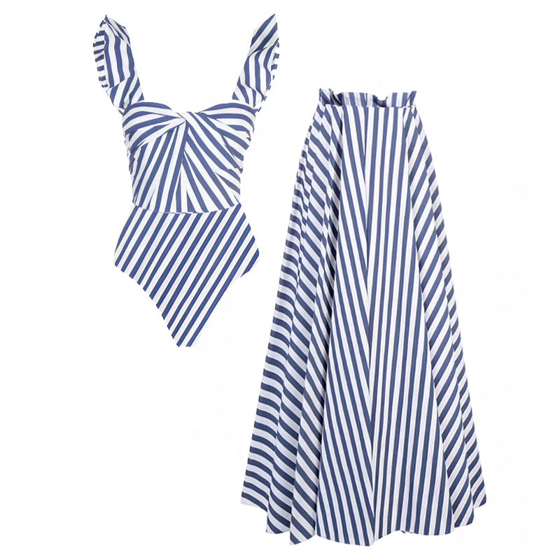 Plus Size Ruffle Striped Print One Piece Swimsuit and Skirt