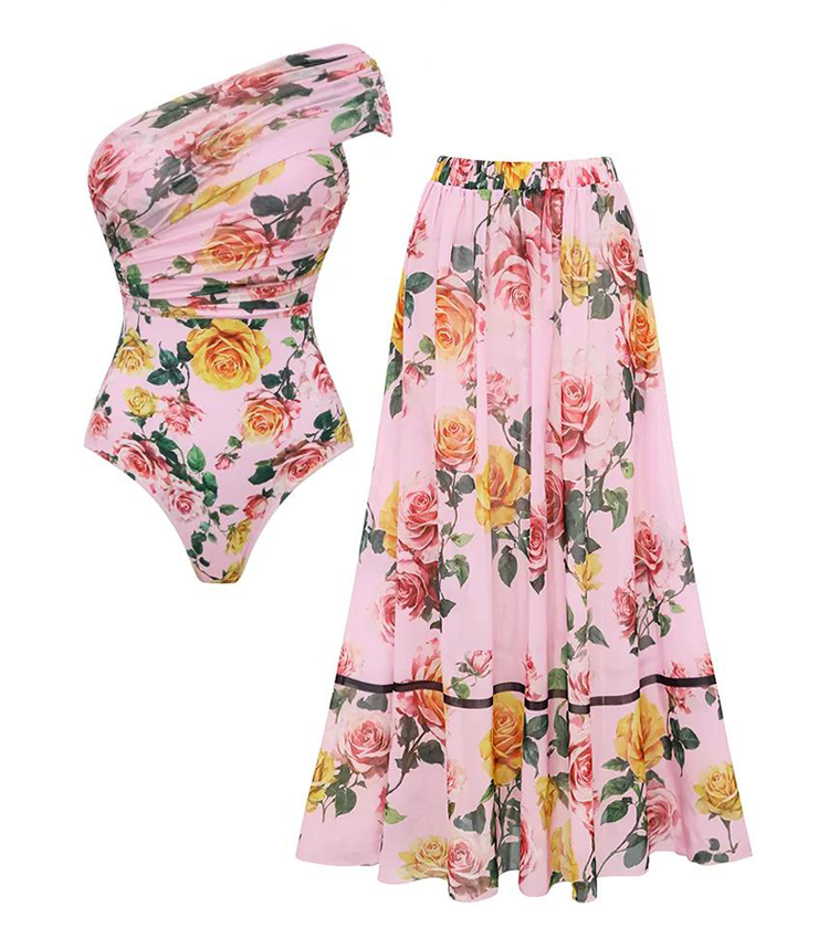 Plus Size Rose One Shoulder One Piece Swimsuit and Skirt