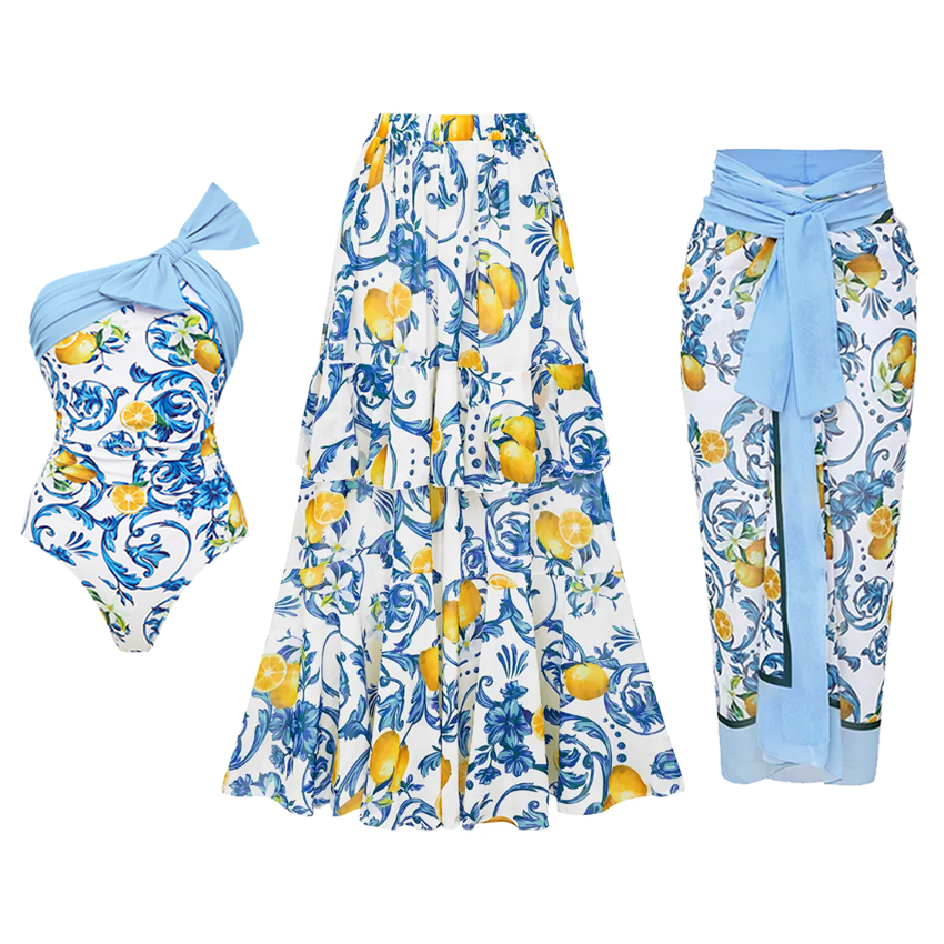 Lemon Print One Shoulder One Piece Swimsuit and Sarong or Skirt Flaxmaker