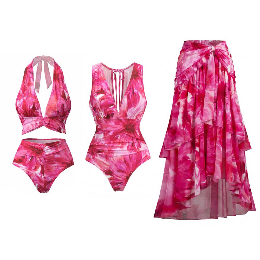 Floral Printed Halter Bikini Swimsuit and Skirt