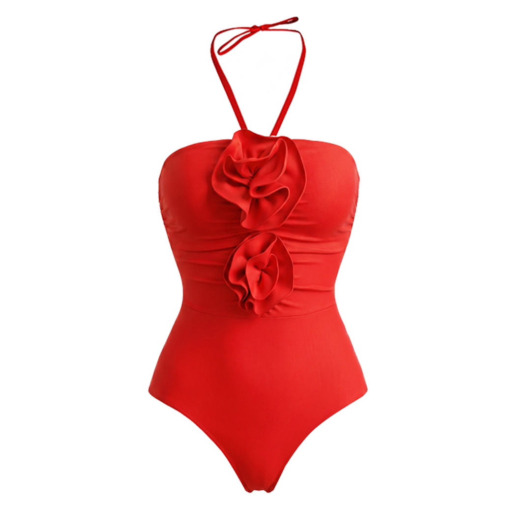 Halter 3D Flower One Piece Swimsuit and Skirt Flaxmaker