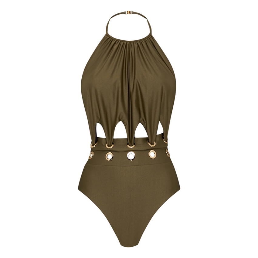 Halter-neck Olive Green Hollow Out Swimsuit Set(s)