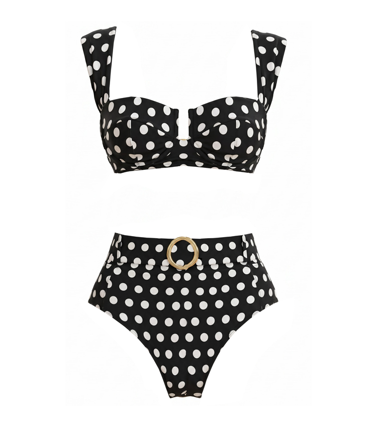  High Waist Bikini Black Polka Dots Print Swimsuit Set(s)