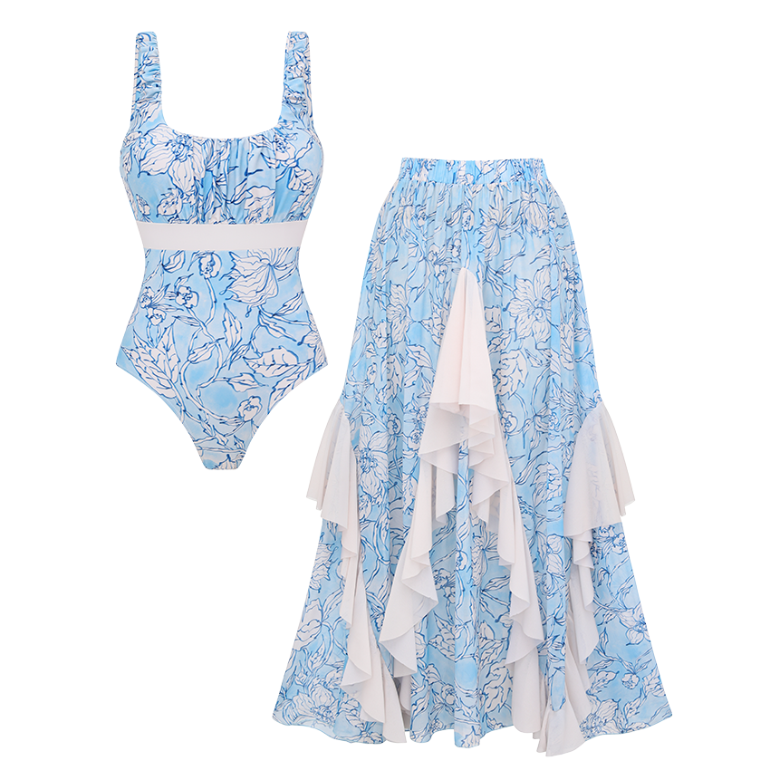 Blue Flowers Pinted Pleated Swimsuit Set(s)