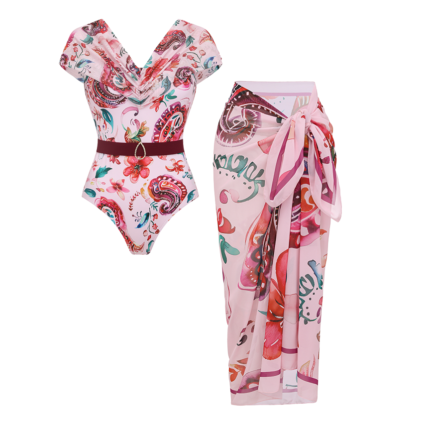 Off-shoulder Pink Paisley Print Swimsuit Set(s)