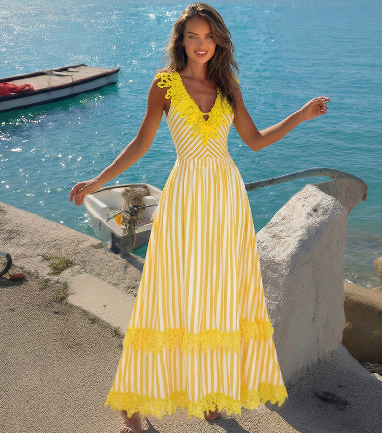 Openwork Lace Yellow Stripes Swimsuit Set(s)