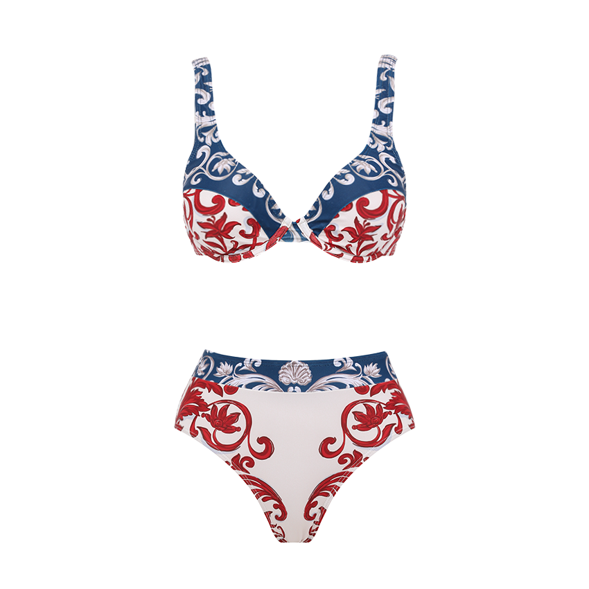 Red & Blue Seville Tiles Print Bikini Swimsuit Set(s)