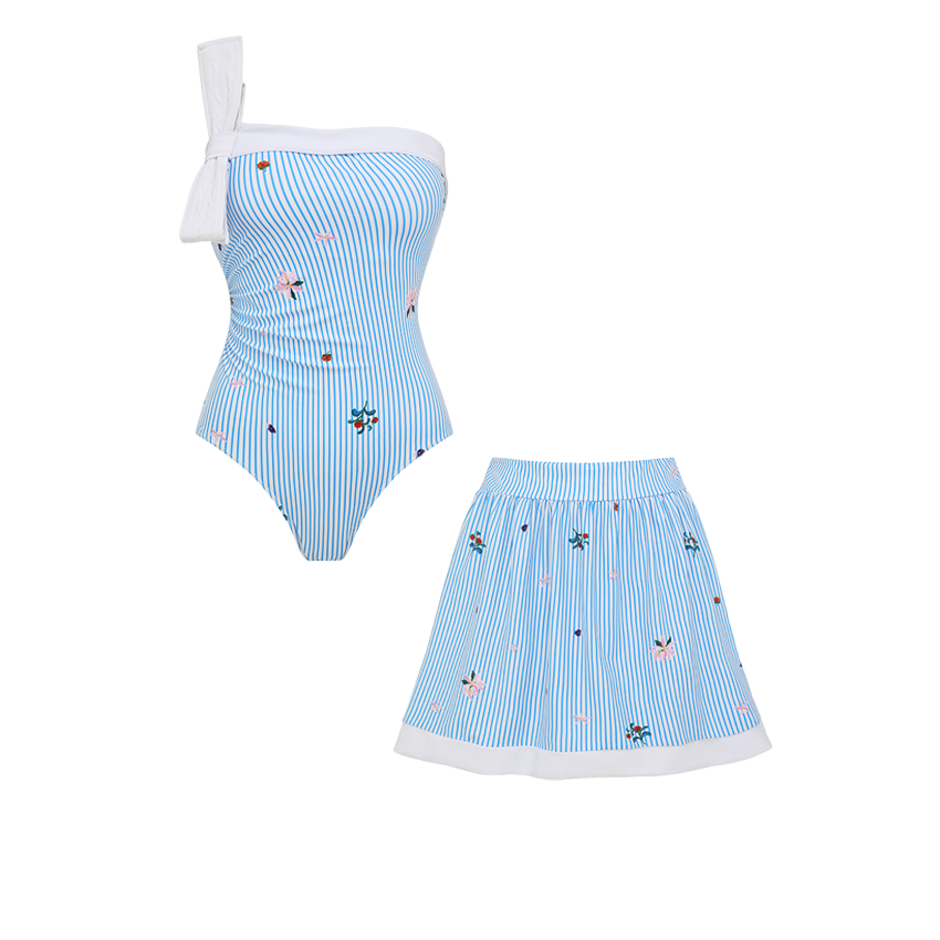 Bow Decoration Blue Stripes Swimsuit Set(s)