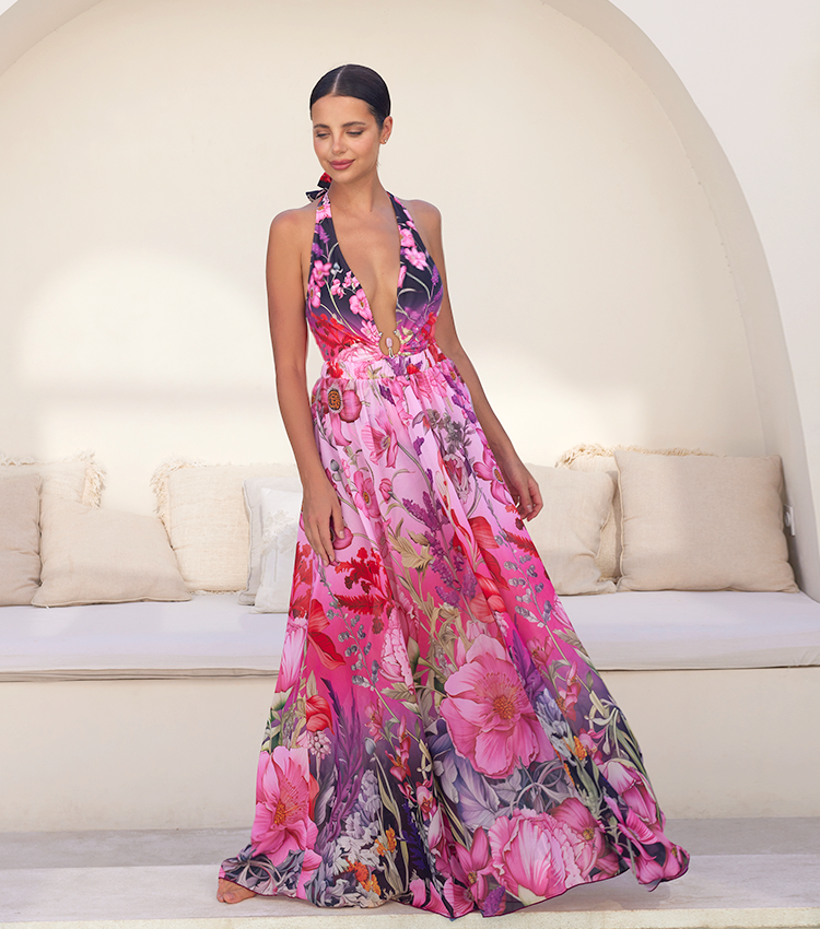 Deep V Neck Halter Printed One Piece Swimsuit and Sarong