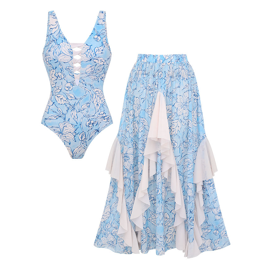 Cut-out Blue Flowers Pinted Swimsuit Set(s)