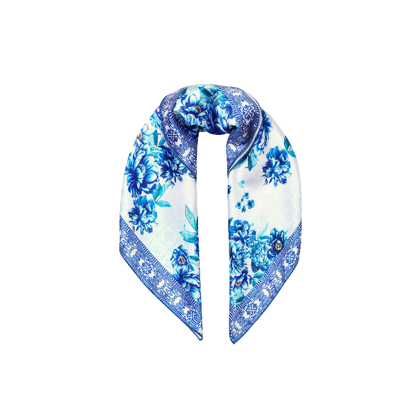 Blue Peony Print Square Scarf
