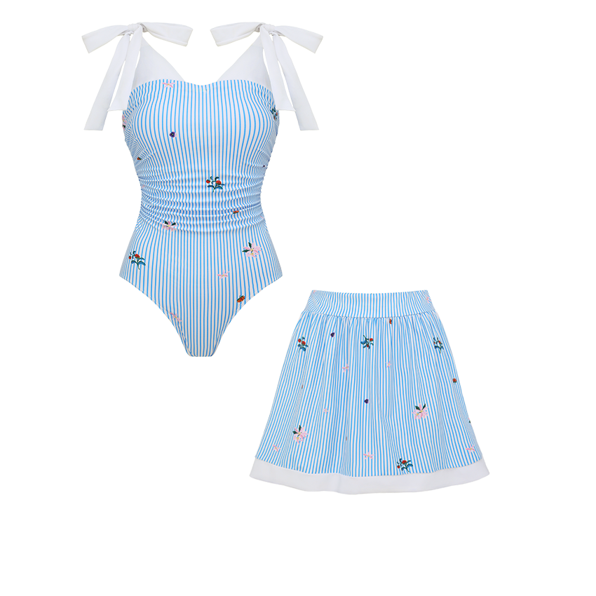 Tie-shoulder Blue Stripes Swimsuit Set(s)