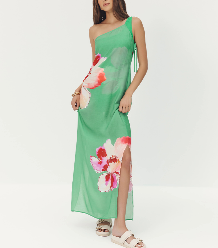 One Shoulder Green & Red Color Blocking Swimsuit Set(s)