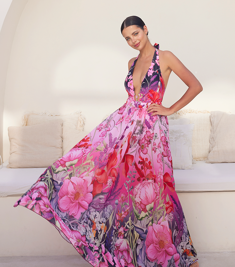 Deep V Neck Halter Printed One Piece Swimsuit and Sarong