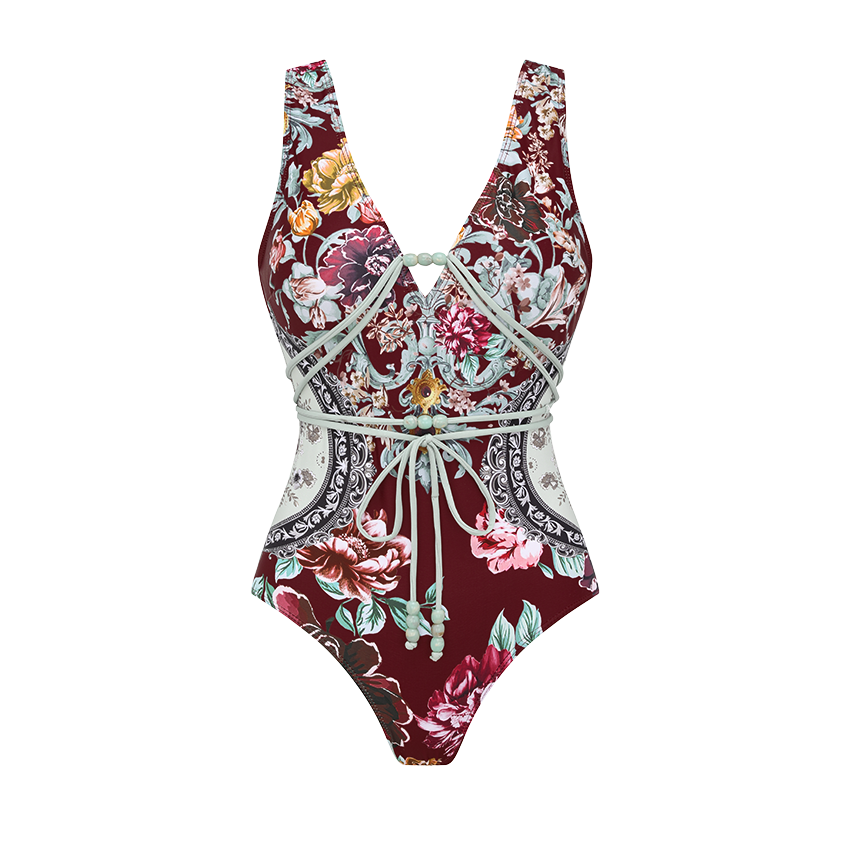 Rope Decoration Peony Print Swimsuit Set(s)