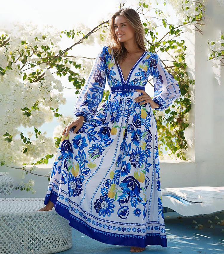 Long-sleeves Lemon and Creative Pattern Print One Piece Swimsuit and Skirt