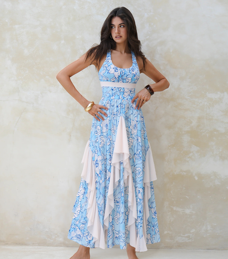 Blue Flowers Pinted Pleated Swimsuit Set(s)