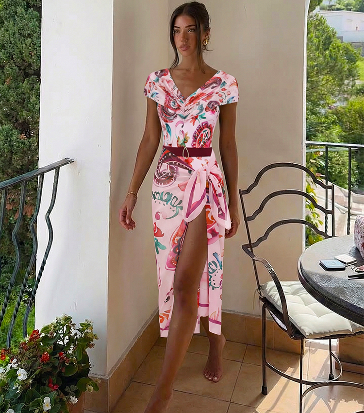 Off-shoulder Pink Paisley Print Swimsuit Set(s)