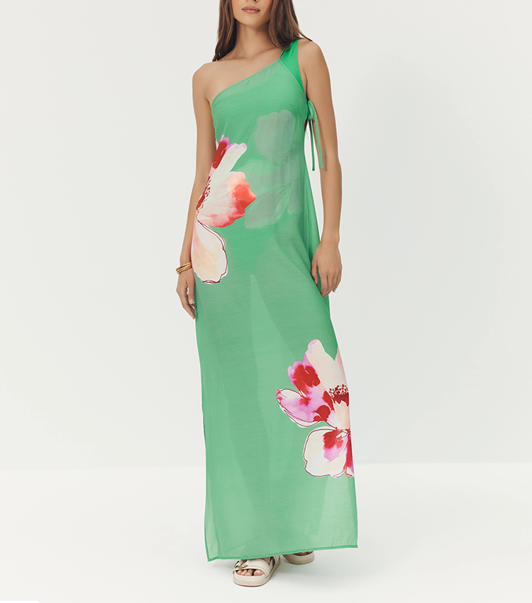 One Shoulder Green & Red Color Blocking Swimsuit Set(s)