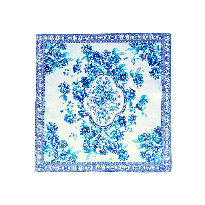 Blue Peony Print Square Scarf