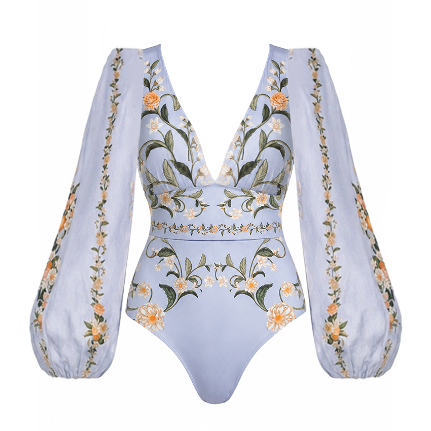 [Copy]One Shoulder Green Plant Print Swimsuit Set(s)
